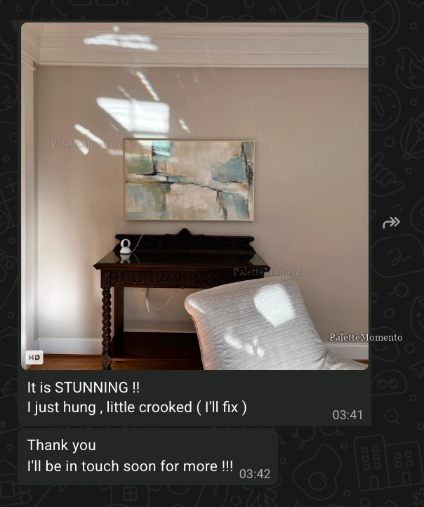 Client's WhatsApp message calling the painting stunning and saying they will be in touch for more
