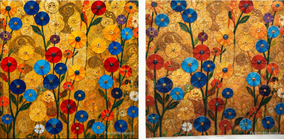 Flowers against antique gold: reference compared with the painted canvas