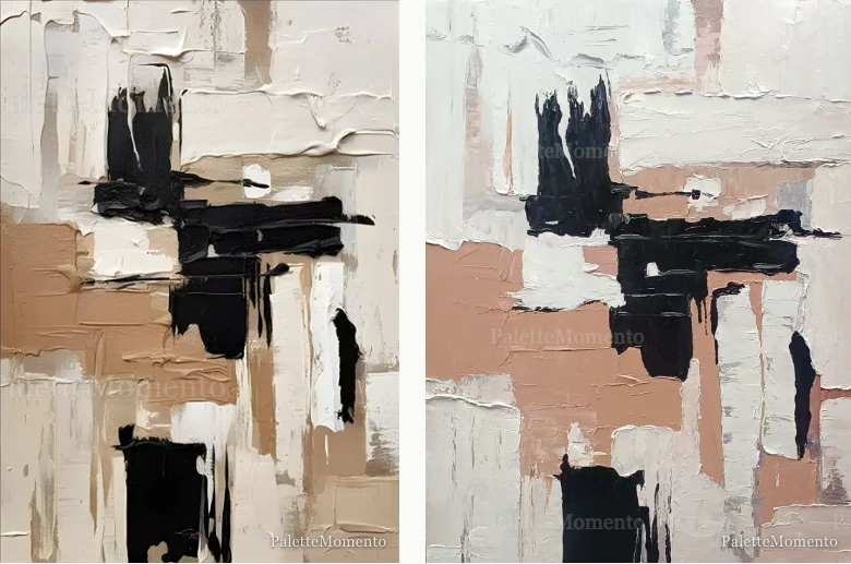 Black and beige, with more texture: reference compared with the painted canvas