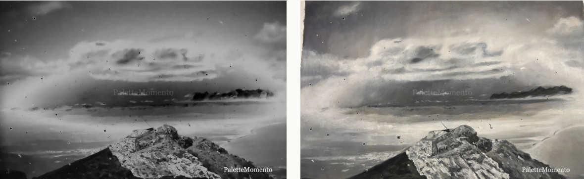 Client photograph beside the black-and-white mountain in oils