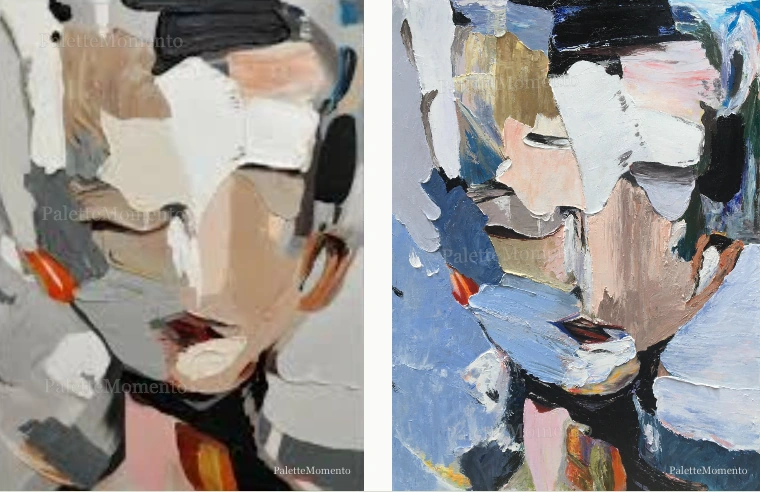 Blue and beige abstract portrait: reference compared with the painted canvas