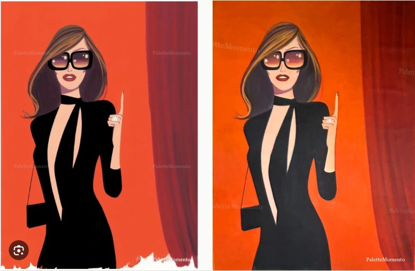 Fashion figure on orange: reference compared with the painted canvas