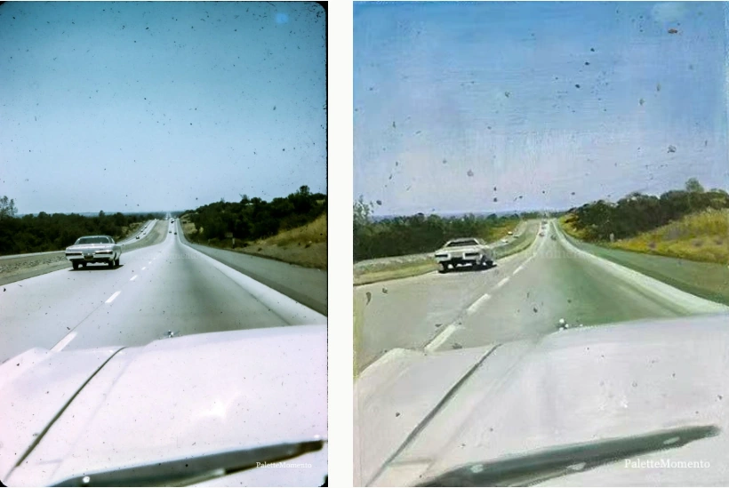 Client photograph beside the highway and car in oils