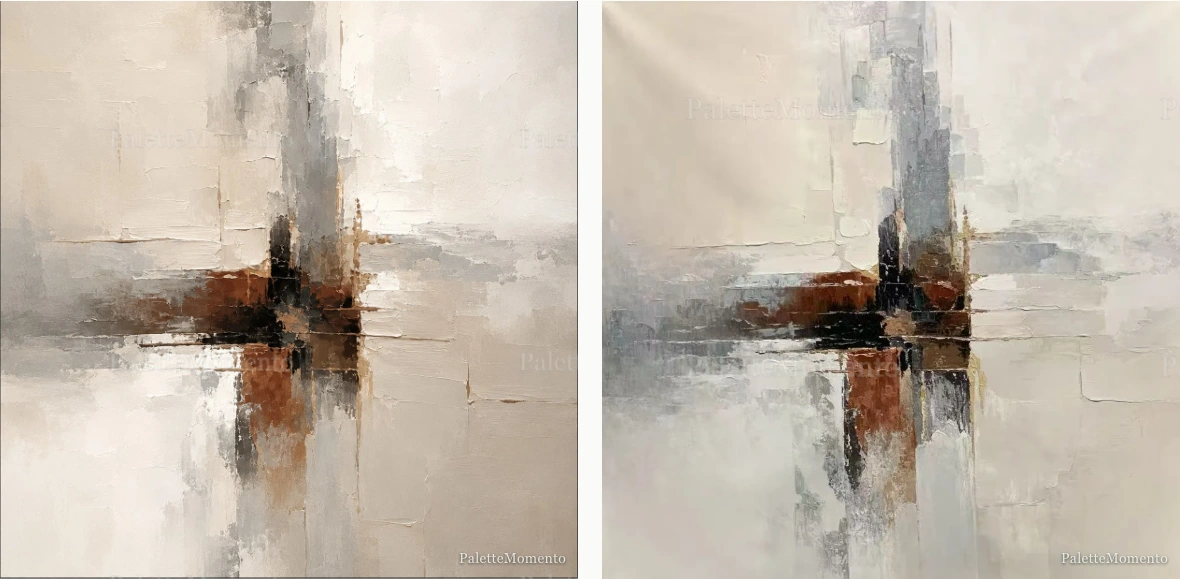 Ivory, gray and rust abstract: reference compared with the painted canvas