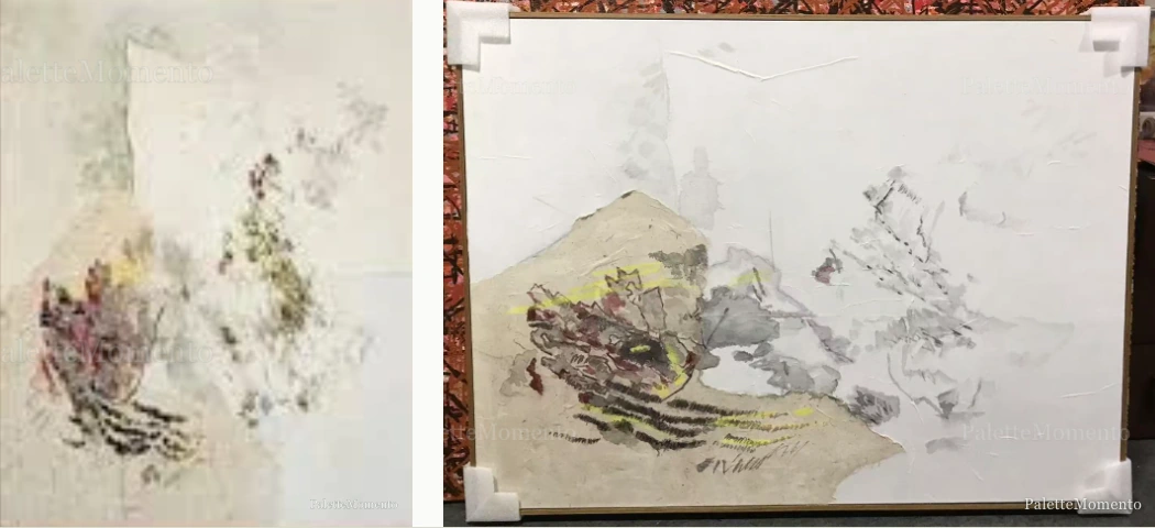 Neutral abstract with yellow accents: reference compared with the painted canvas