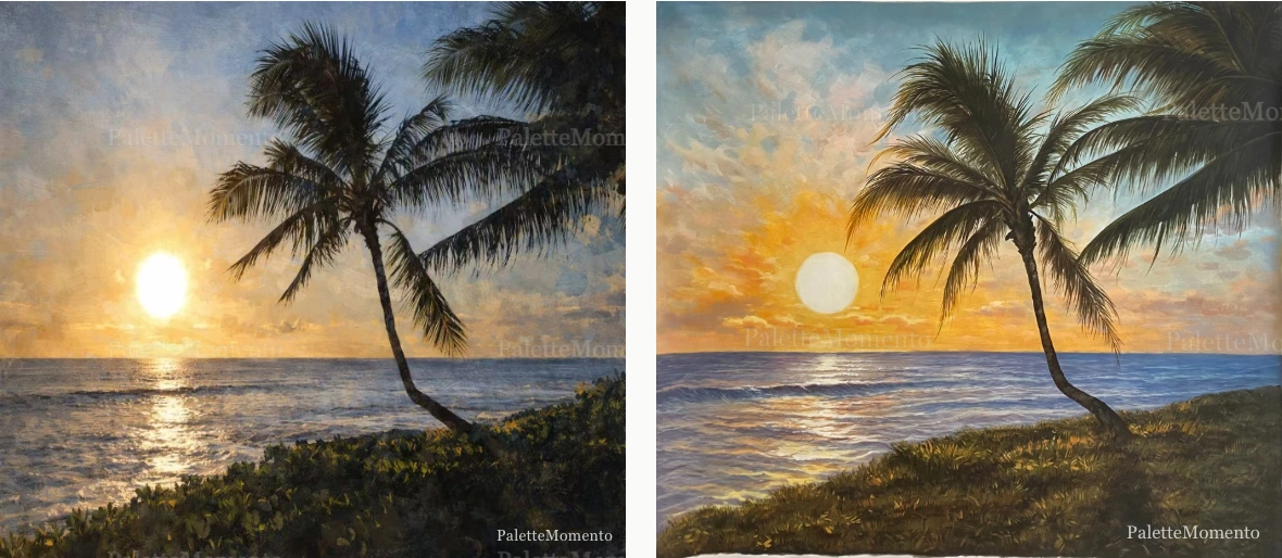A palm sunset, resized in a mockup: size mockup compared with the painted canvas