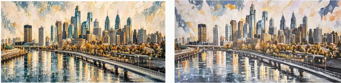 Prepared cityscape composition beside the finished hand-painted canvas