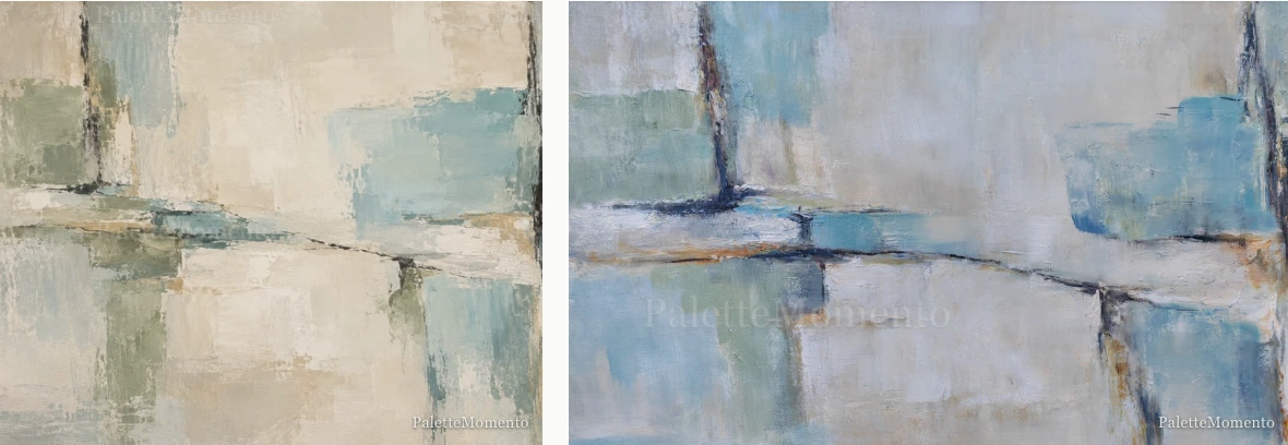 Soft blue and sage in oils: reference compared with the painted canvas
