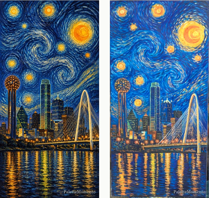 Starry-night bridge cityscape: ai reference compared with the painted canvas