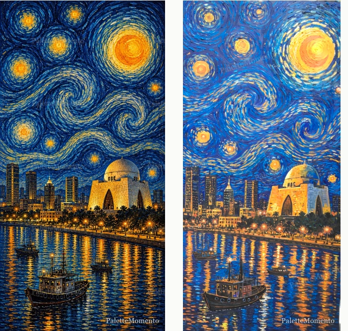 Starry-night dome and boats: ai reference compared with the painted canvas
