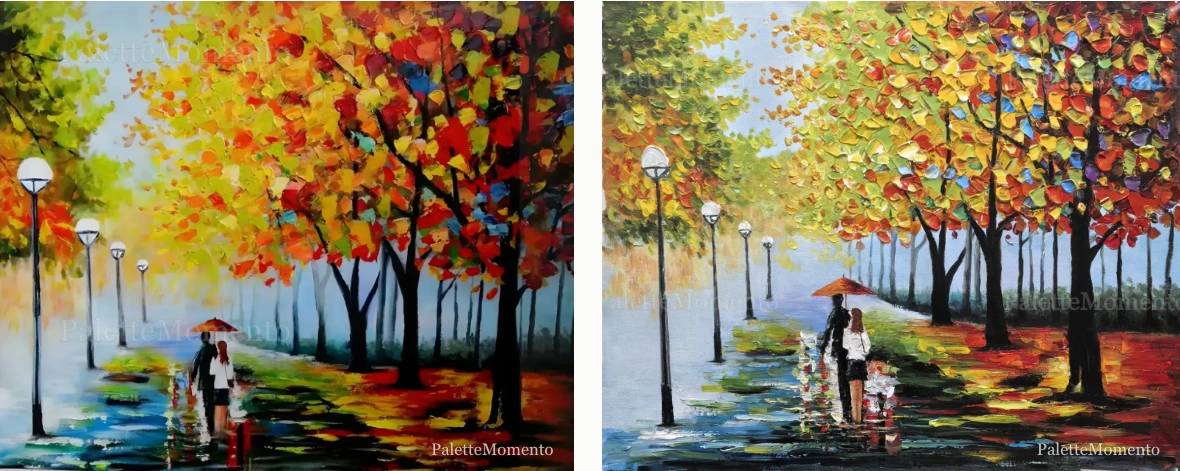 Autumn trees and an umbrella couple: reference compared with the painted canvas