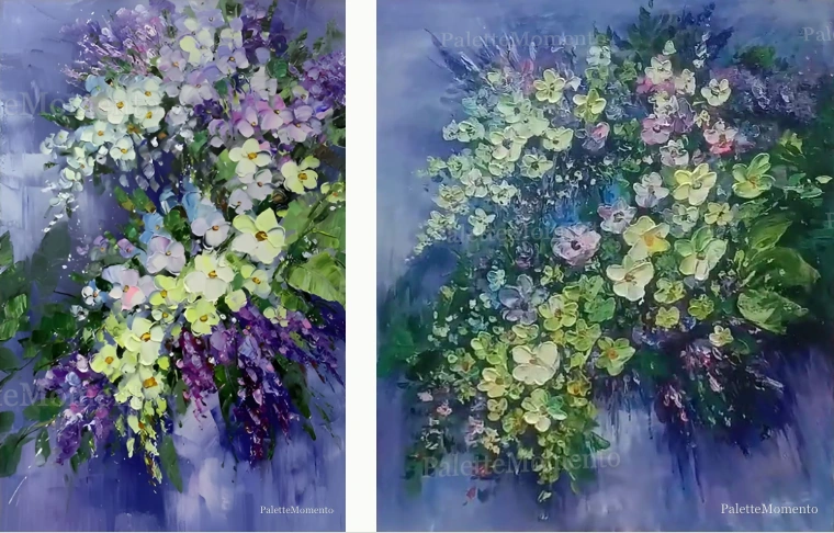 Cascading flowers against blue: reference compared with the painted canvas