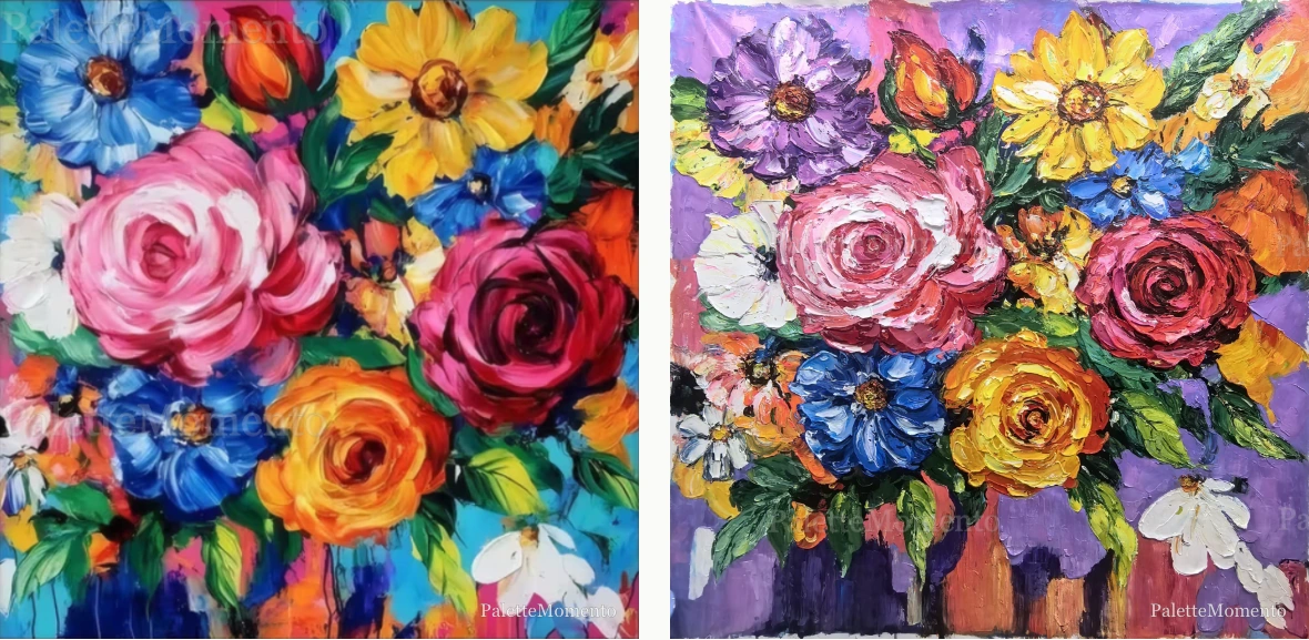 A bouquet against purple: reference compared with the painted canvas