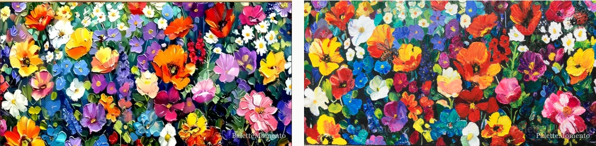 Bright flowers, bees and ladybirds: reference compared with the painted canvas