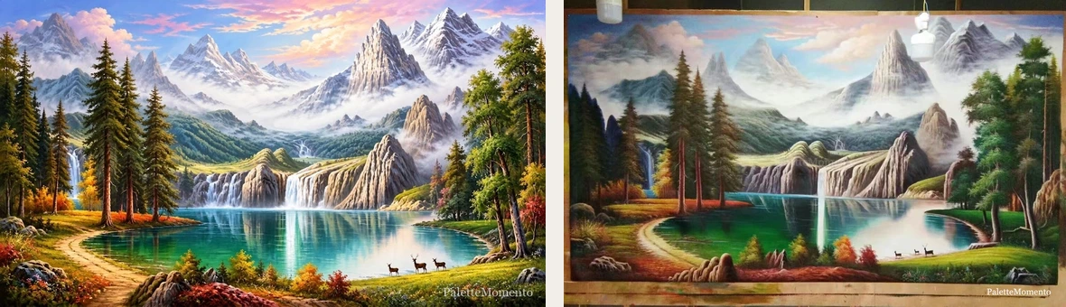 Original mountain and waterfall reference beside the finished hand-painted canvas