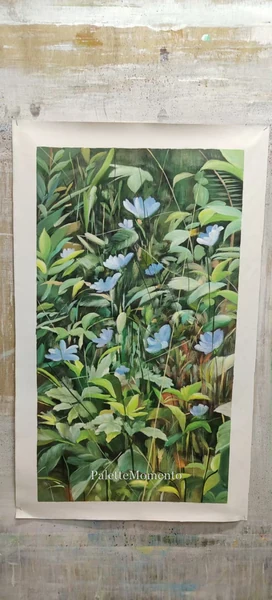 Tall botanical painting with blue flowers and layered green foliage