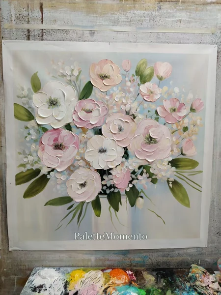 Blush pink and white floral painting with visible raised petals and a palette below