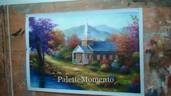 Painting of a church beside a stream with colorful trees