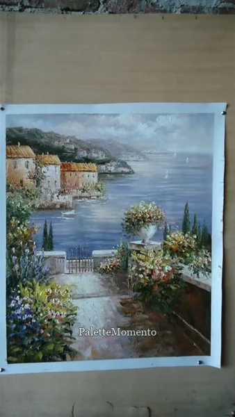 Coastal terrace painting with flower pots and houses across the water