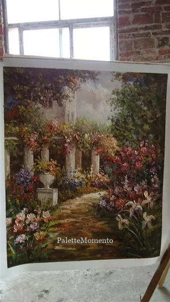 Garden path painting with flowers and architectural details, photographed in the studio