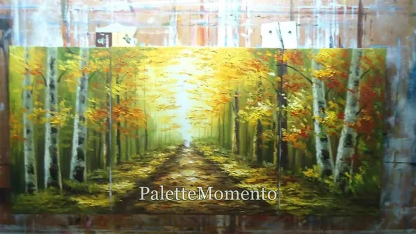 Wide autumn forest painting photographed against the studio wall