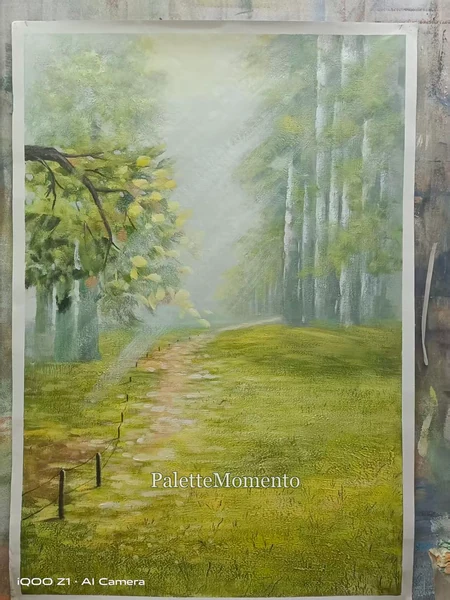 Pale green woodland painting with a winding path and slender trees