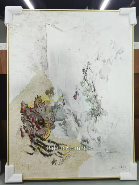 Pale abstract painting with subtle gray and burgundy marks in a gold-colored frame
