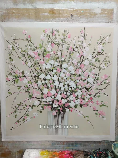 Pink and white blossom branches painted in a vase on a pale background