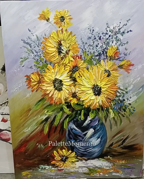 Hand-painted sunflower bouquet in a blue vase with raised yellow petals