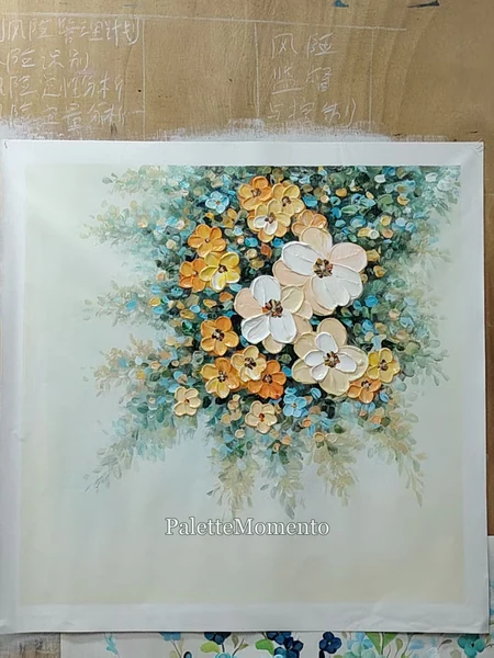 Commissioned floral canvas with raised white and gold petals and small blue flowers