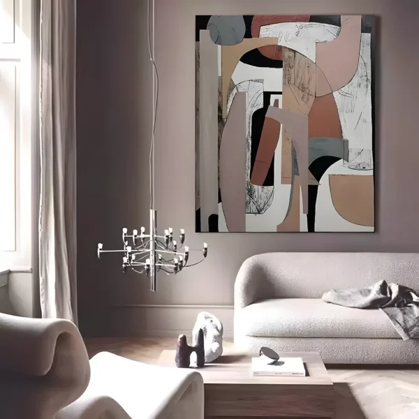 Pink and tan geometric abstract painting with sketched line work and black accents, on a mauve wall behind a cream boucle sofa and a chrome candelabra chandelier in a modern living room