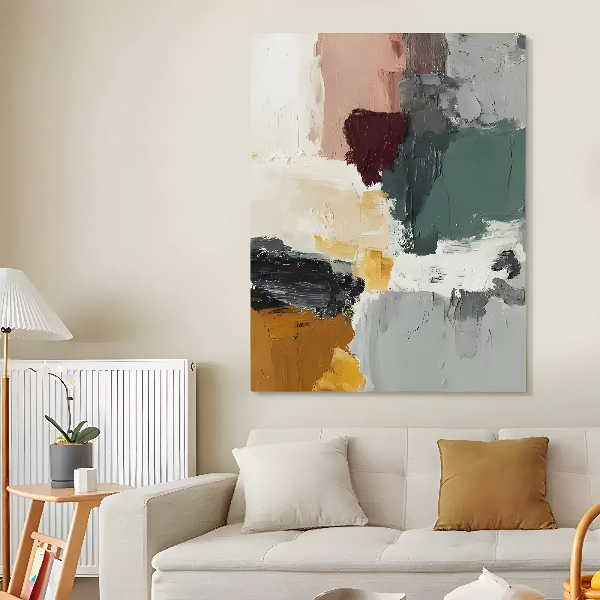 PaletteMomento AA09 abstract artwork shown above a cream sofa with a mustard cushion