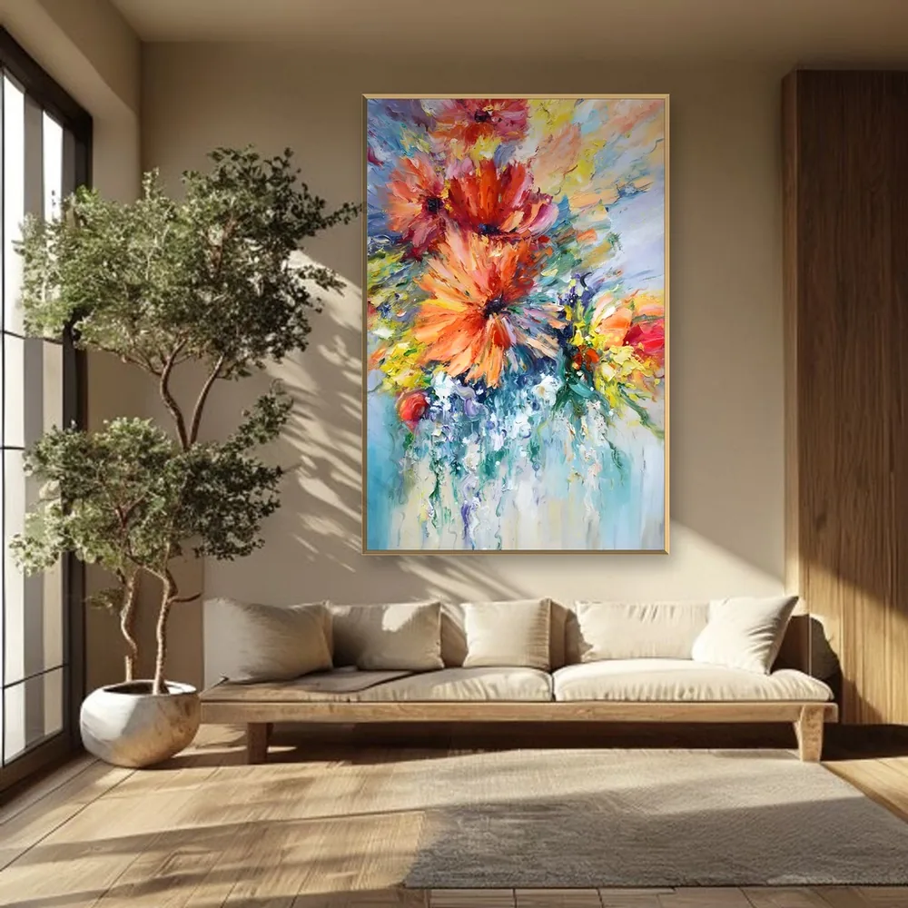 Burnt orange chrysanthemum bloom canvas painting displayed as framed wall art in a warm japandi living room