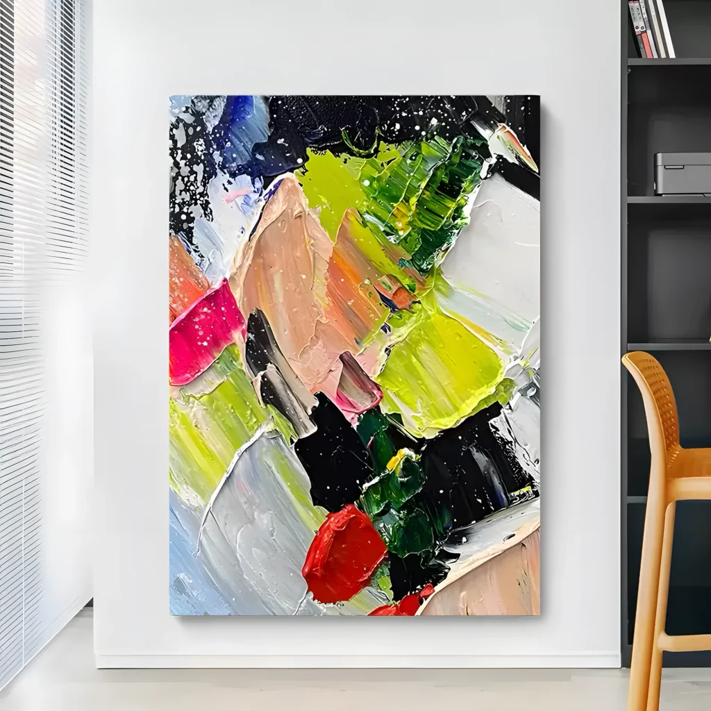 Bright green and red palette-knife abstract painting displayed as framed wall art in a bright living room