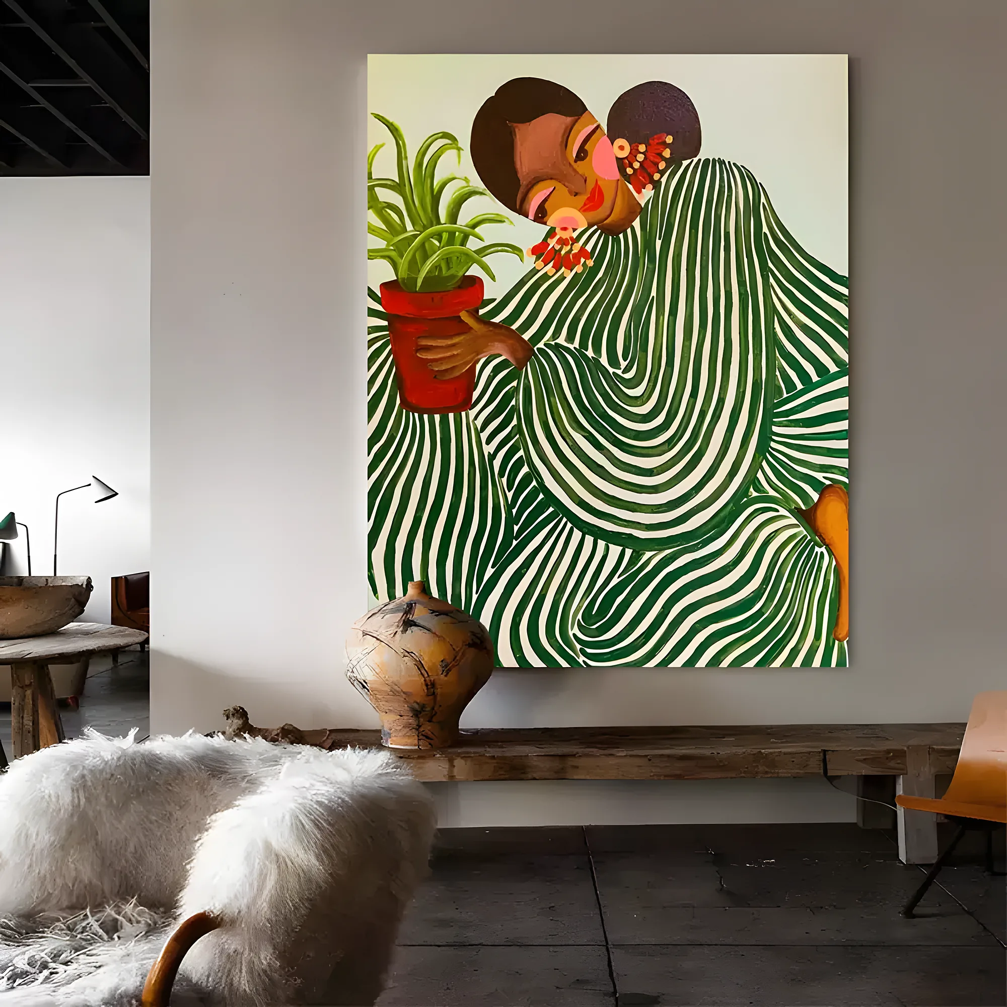 Figurative canvas painting of two embracing figures wrapped in green striped fabric above a reclaimed wood bench with an earthenware jug