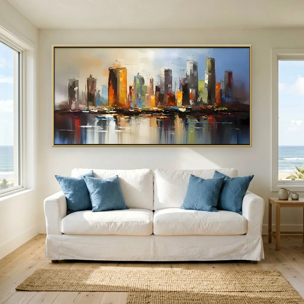 Amber and blue heavy impasto skyline canvas painting hung over a white slipcovered sofa with blue pillows in a coastal living room