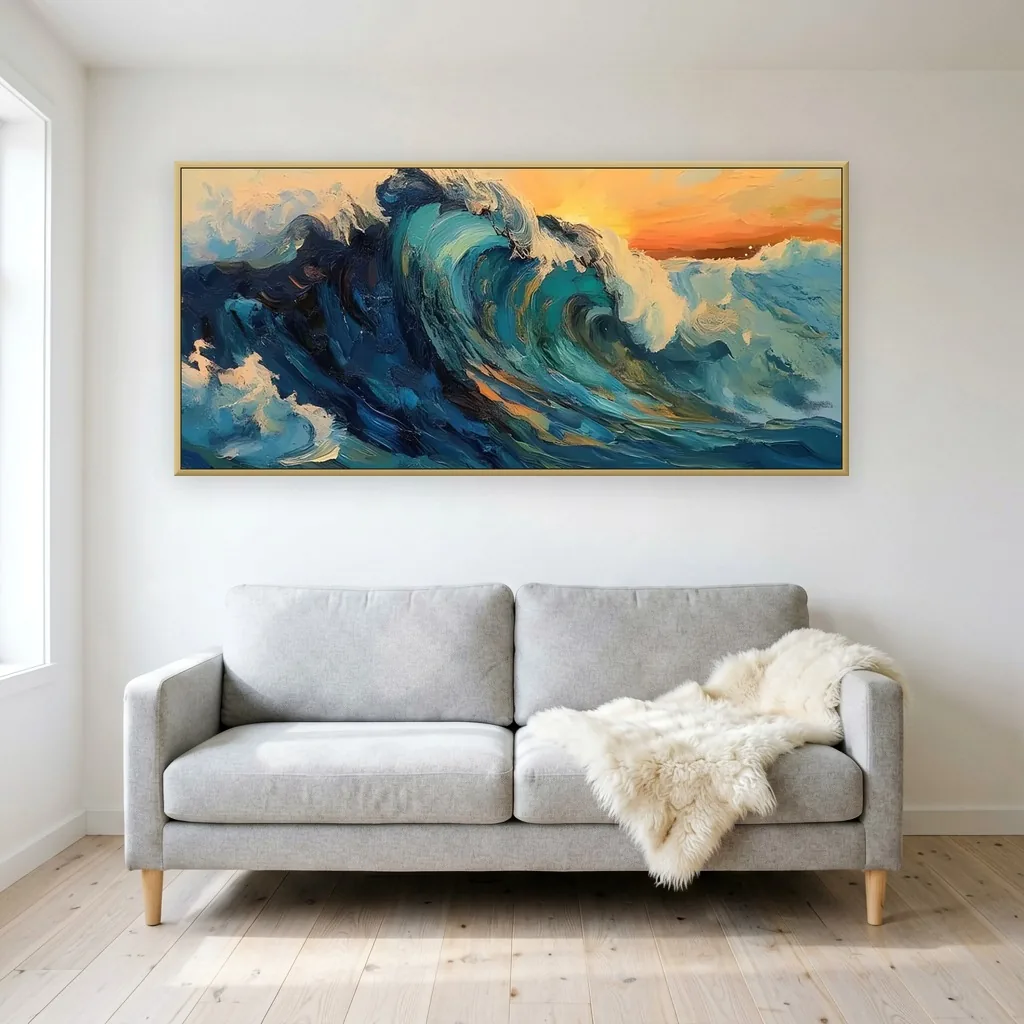 Teal & amber impasto sunset wave canvas painting displayed as framed wall art in a bright scandinavian living room