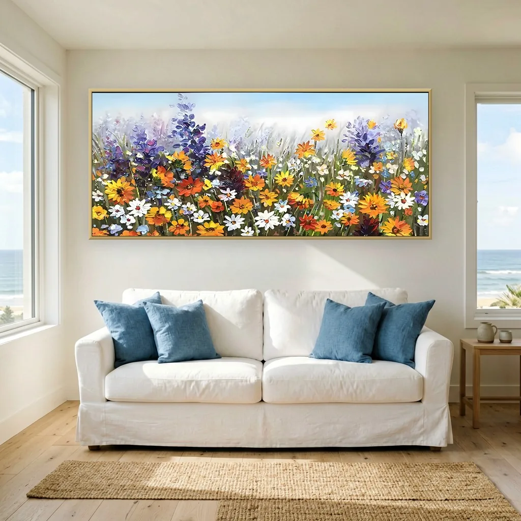 Heavy impasto wildflower meadow canvas with orange daisies, white blooms, and purple lupine spikes under a blue sky, hung above a white slipcovered sofa with blue pillows in a coastal living room facing the sea