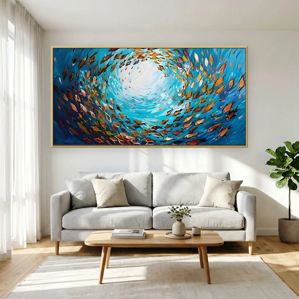 Blue & copper impasto swirling fish canvas painting displayed as framed wall art in a bright sunlit living room