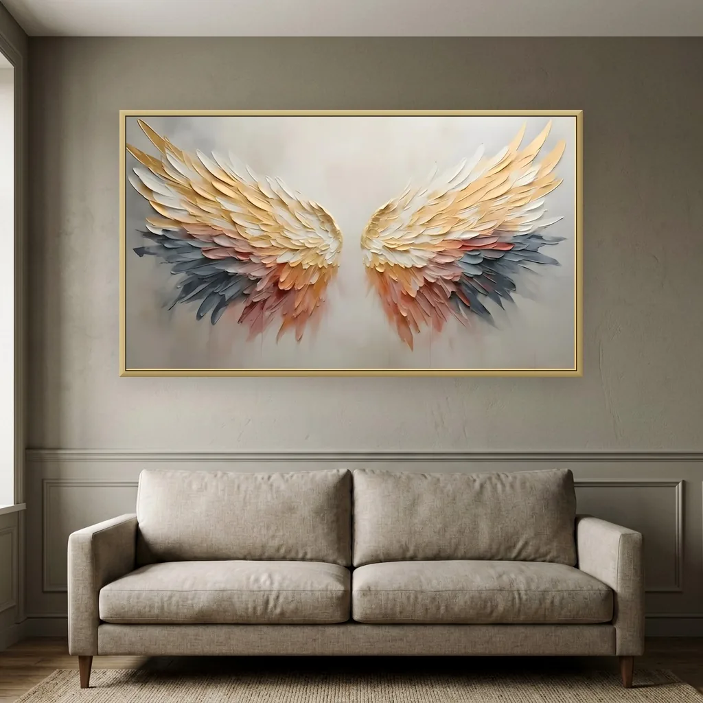Magenta & orange impasto floral valley landscape painting displayed as framed wall art in a traditional elegant living room