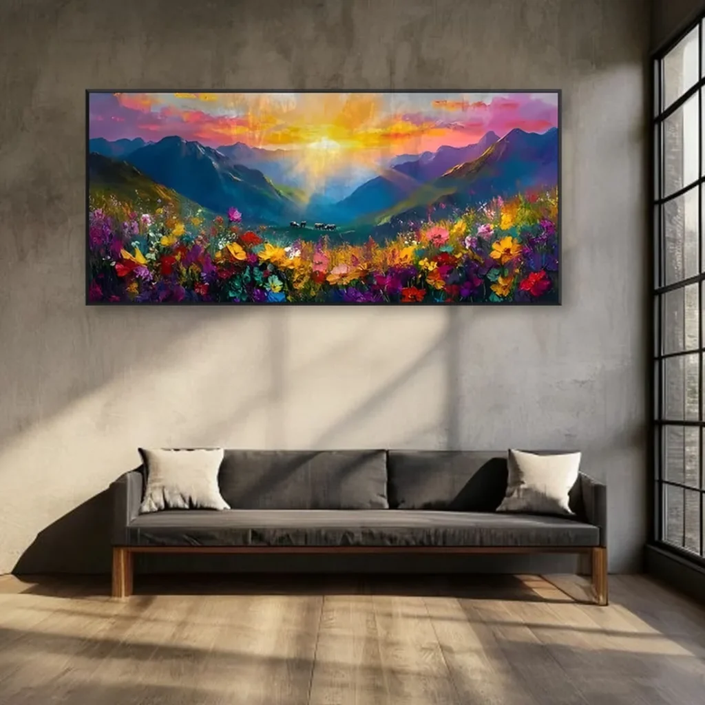 Pink and orange textured wildflower valley with mountain sunrise oil painting displayed in a charcoal living room