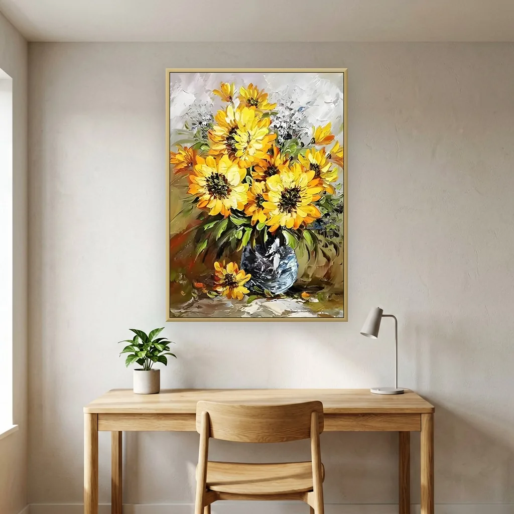 Sunflowers in a blue and white vase impasto canvas painting displayed as framed wall art in a modern home office