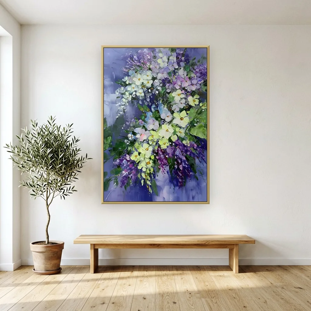 White and purple flowers on blue impasto canvas painting displayed as framed wall art in a bright sunlit living room