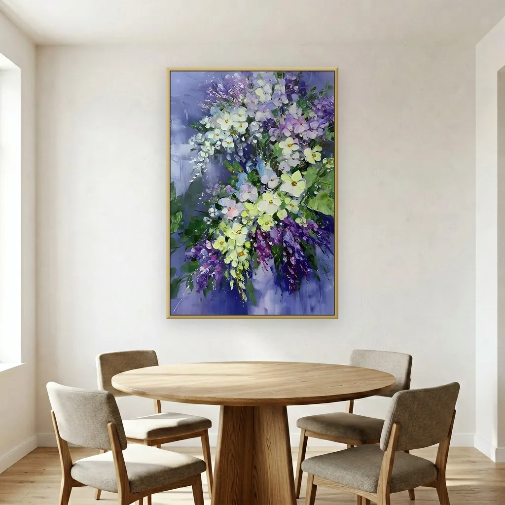 White and purple flowers on blue impasto canvas painting displayed as framed wall art in a bright dining room