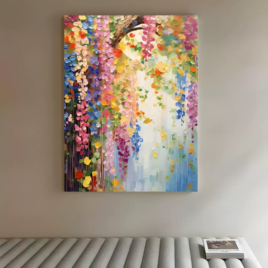 Purple and pink wisteria colorful painting displayed as framed wall art in a scandinavian living room