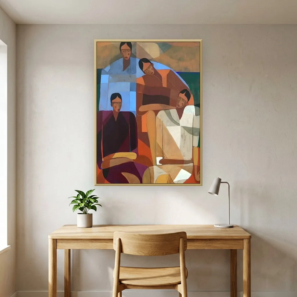 Terracotta and blue cubist four women figurative canvas painting displayed as framed wall art in a modern home office