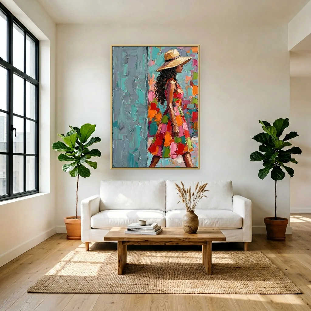 Ruby & teal impasto woman in a sunhat canvas painting displayed as framed wall art in a white loft living room