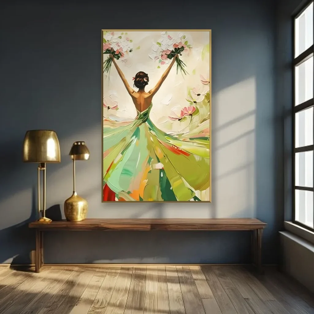 Emerald green impasto woman with a bouquet canvas painting displayed as framed canvas wall art in a navy living room