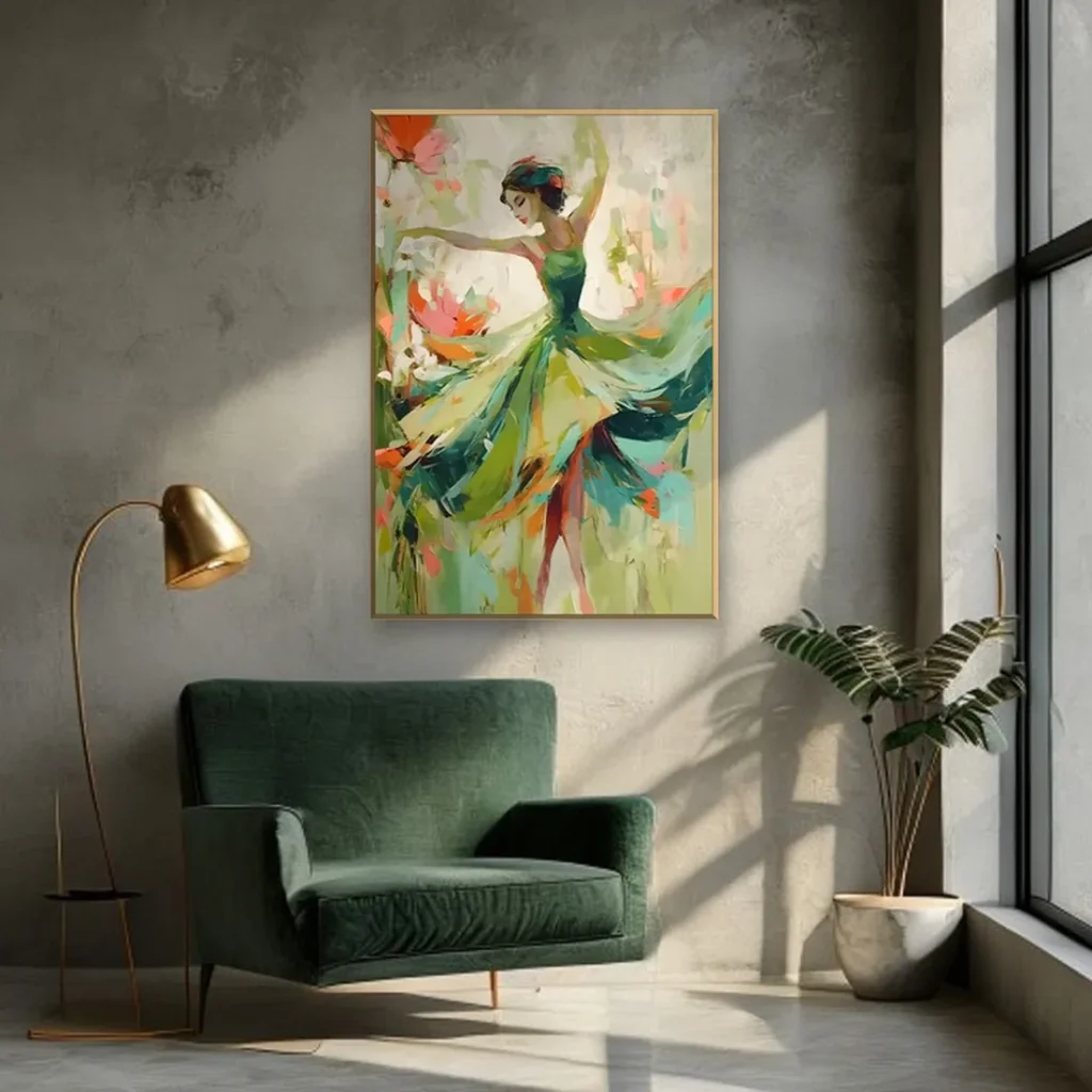 Emerald green impasto spinning ballerina canvas painting displayed as framed canvas wall art in a moody living room
