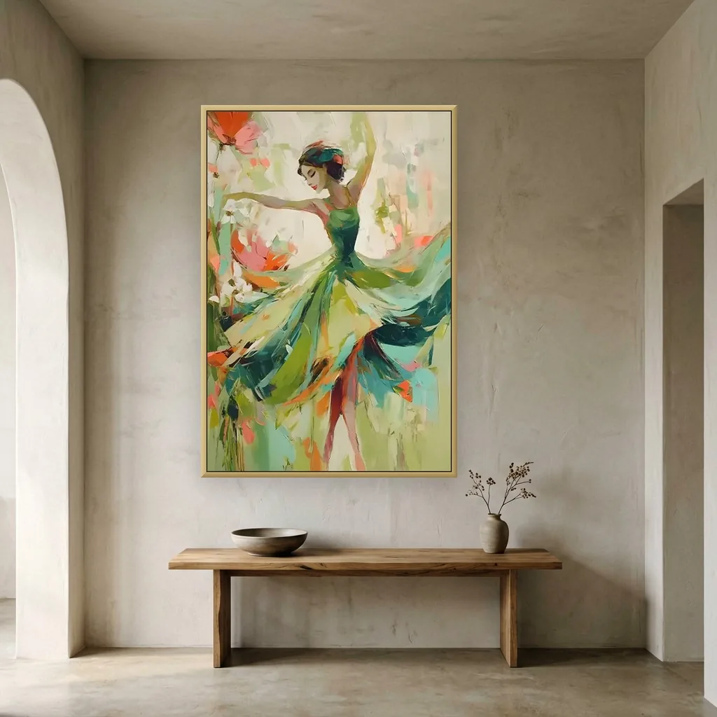 Emerald green impasto spinning ballerina canvas painting displayed as framed wall art in an arched hallway